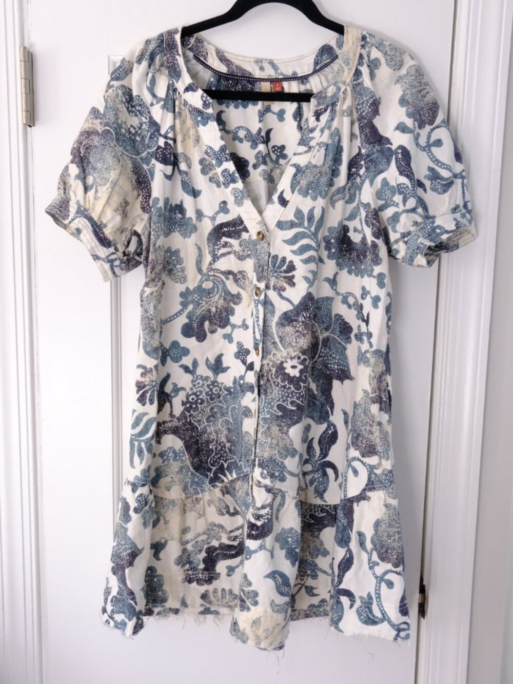 Anthropologie Pilcro Linen Blend Teal White Boho Floral Dress | Medium - Picture 2 of 4